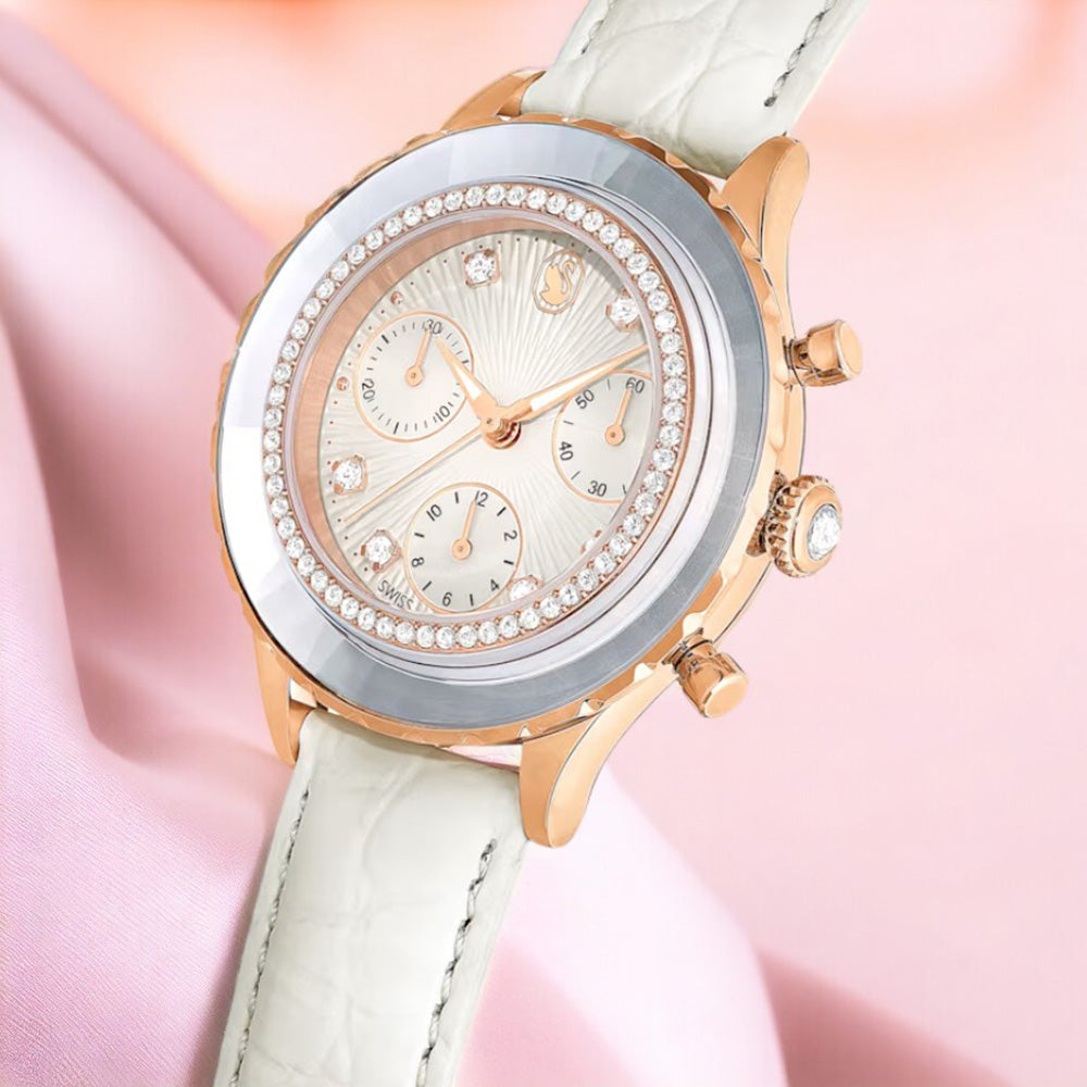 Swarovski Octea Chrono Crystals White Dial White Leather Strap Watch for Women - 5671150