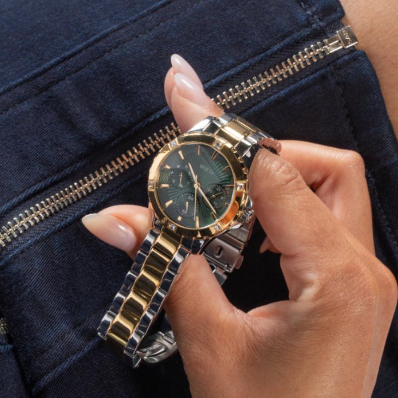 Guess Mist Analog Green Dial Two Tone Steel Strap Watch For Women - GW0723L1