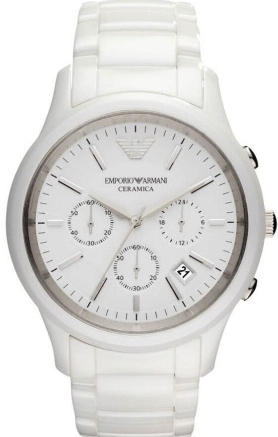 Emporio Armani Ceramica Chronograph White Dial White Strap Watch For M