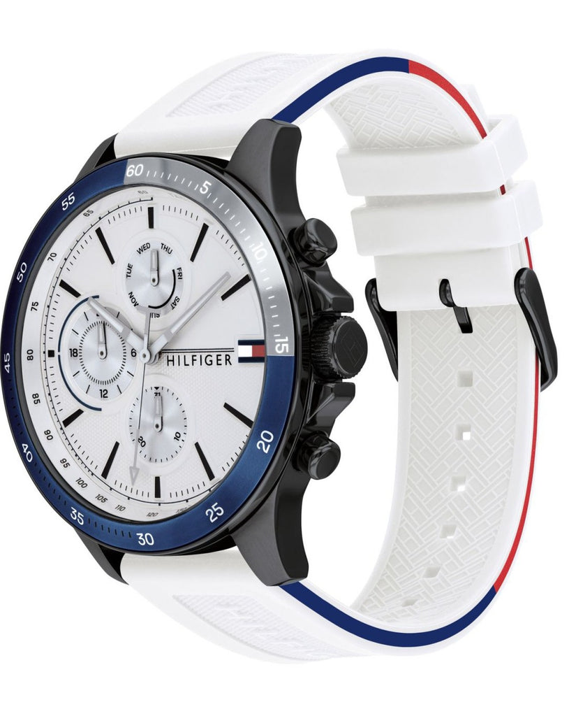 Tommy Hilfiger Bank Chronograph White Dial White Rubber Strap Watch for Men - 1791723