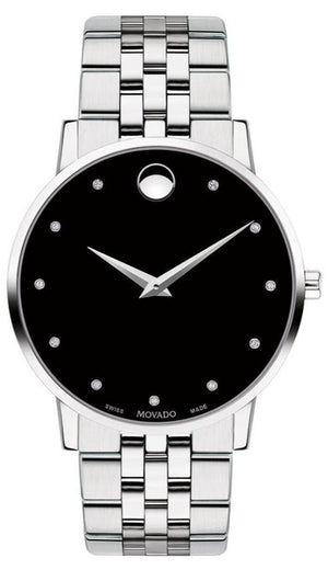 Movado Museum Classic Diamonds Black Dial Silver Steel Strap Watch for Men - 0607201