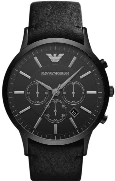 Emporio Armani Sportivo Chronograph Black Dial Black Leather Strap Wat