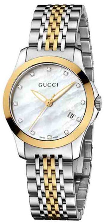 Gucci G Timeless Diamonds Mother of Pearl Dial Two Tone Mesh Bracelet