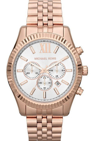 Michael Kors Lexington Chronograph White Dial Rose Gold Steel Strap Watch For Women - MK8313