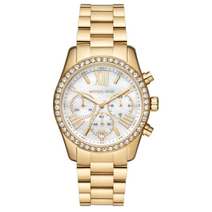 Michael Kors Lexington Mother of Pearl White Dial Gold Steel Strap Watch For Women - MK7241