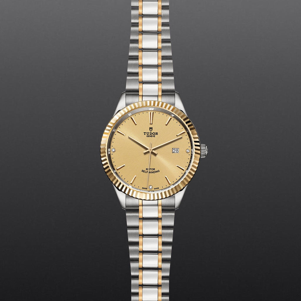 Tudor Style Automatic Diamonds Gold Dial Two Tone Steel Strap Watch for Men - M12713-0007
