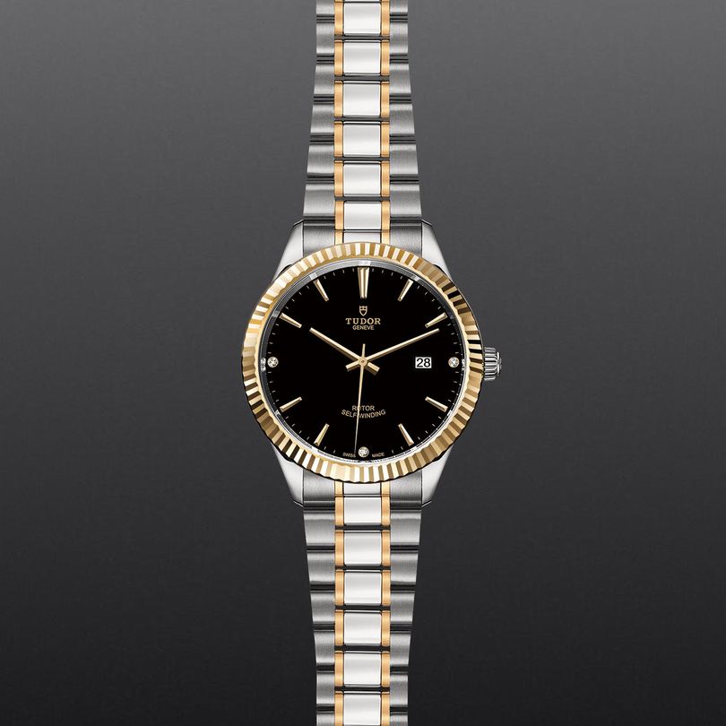 Tudor Style Automatic Diamonds Black Dial Two Tone Steel Strap Watch for Men - M12713-00011