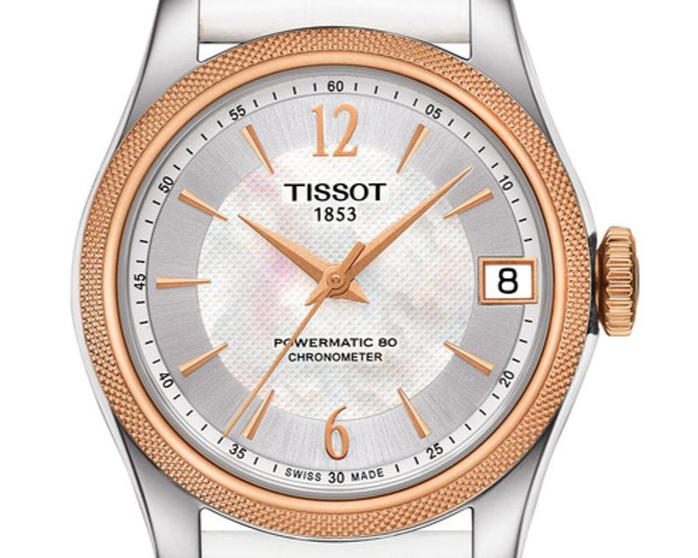 Tissot T-Classic Powermatic 80 Mother of Pearl Silver Dial White Leather Strap Watch For Women - T108.208.26.117.00