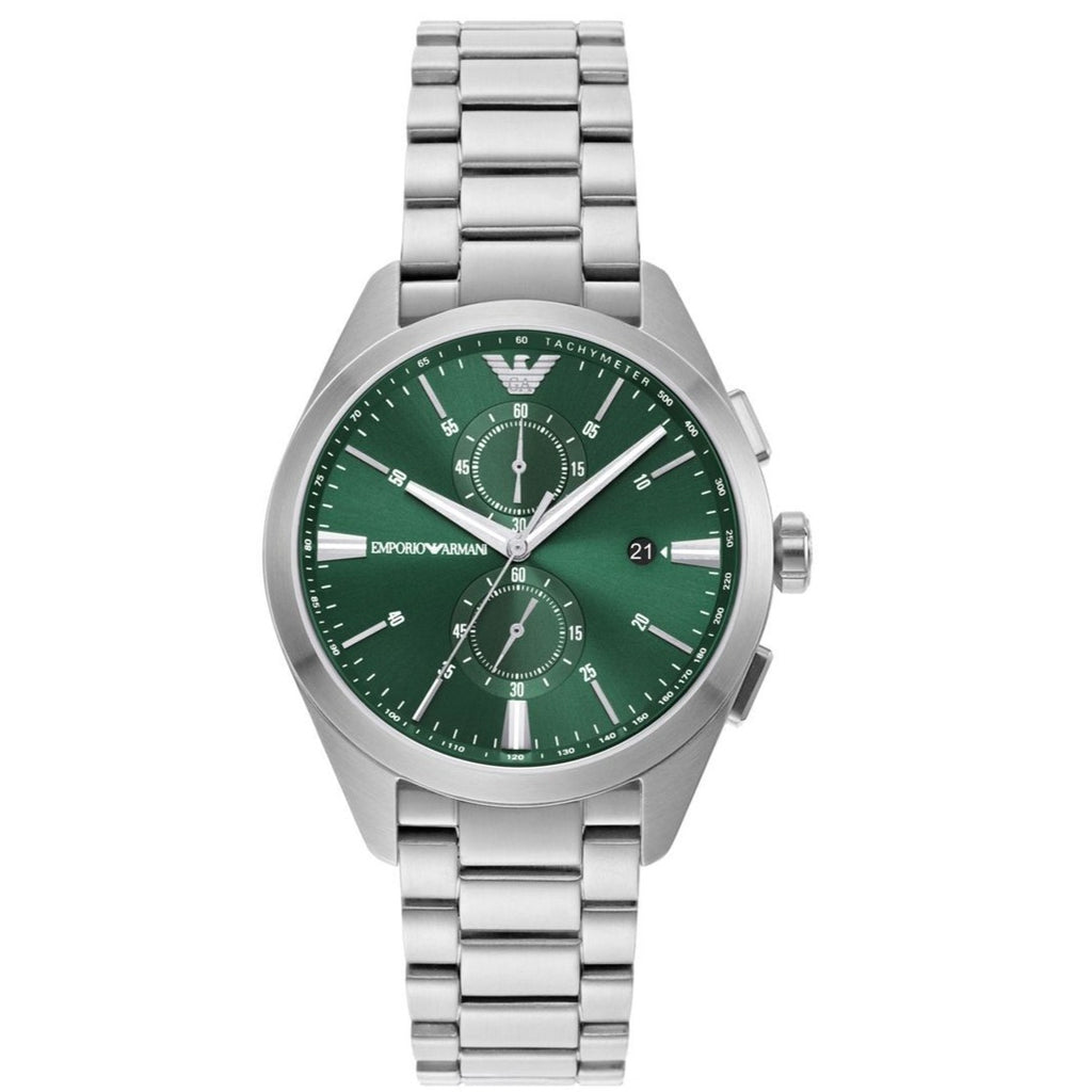 Emporio Armani Chronograph Green Dial Silver Steel Strap Watch For Men - AR11480