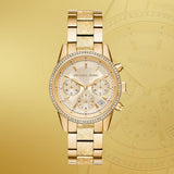 Michael Kors Ritz Chronograph Gold Dial Gold Steel Strap Watch For Women - MK6597