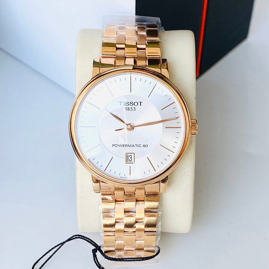 Tissot T Classic Carson Premium Automatic White Dial Rose Gold Steel Strap Watch for Men - T122.407.33.031.00