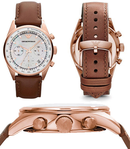 Emporio Armani Sportivo Chronograph White Dial Brown Leather Strap Watch For Men - AR5996