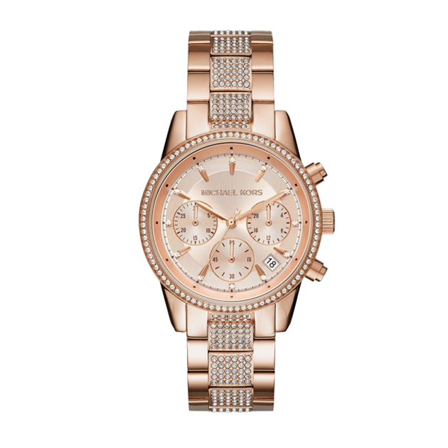 Michael Kors Ritz Chronograph Rose Gold Dial Rose Gold Steel Strap Watch For Women - MK6485