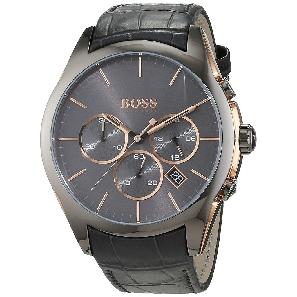 Hugo Boss Onyx Grey Dial Black Leather Strap Watch for Men - 1513366