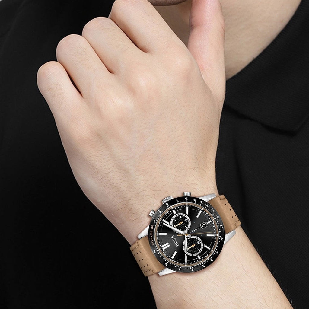 Hugo Boss Allure Black Dial Brown Leather Strap Watch for Men - 1513964