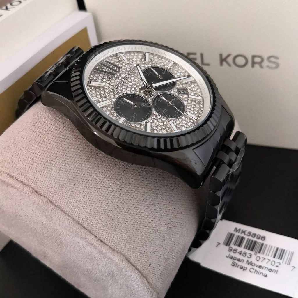 Michael Kors Lexington Chronograph Crystals Silver Dial Black Steel Strap Watch for Men - MK8605
