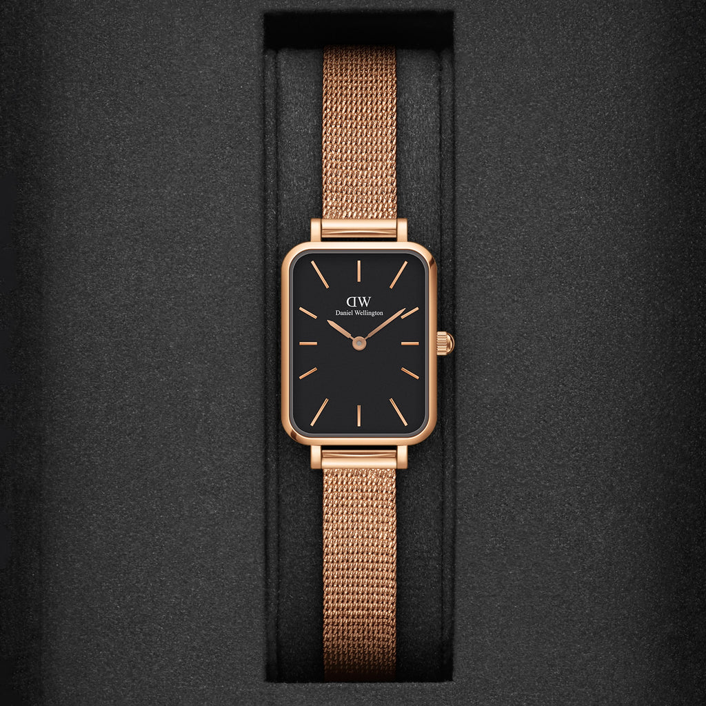Daniel Wellington Quadro Melrose Black Dial Rose Gold Mesh Bracelet Watch For Women - DW00100432