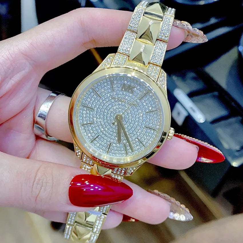 Michael Kors Runway Mercer Crystals Silver Dial Gold Steel Strap Watch For Women - MK6715