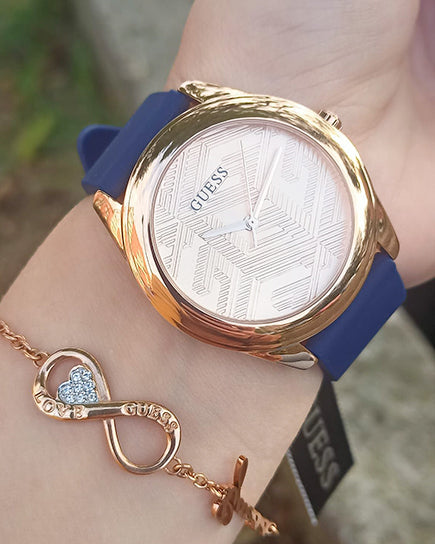 Guess Cubed Analog Rose Gold Dial Blue Leather Strap Watch For Women - GW0665L2