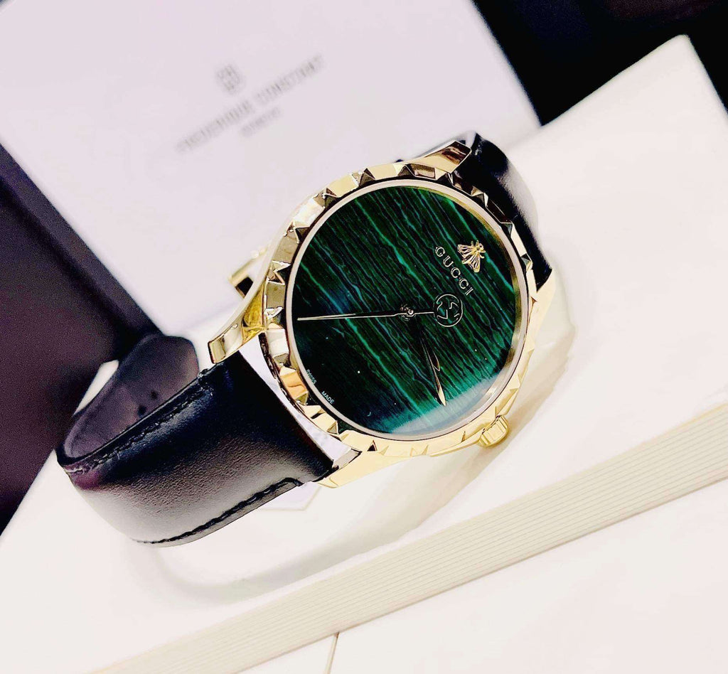 Gucci Le Marche Des Merveilles Quartz Green Dial Black Leather Strap Watch For Women - YA126463