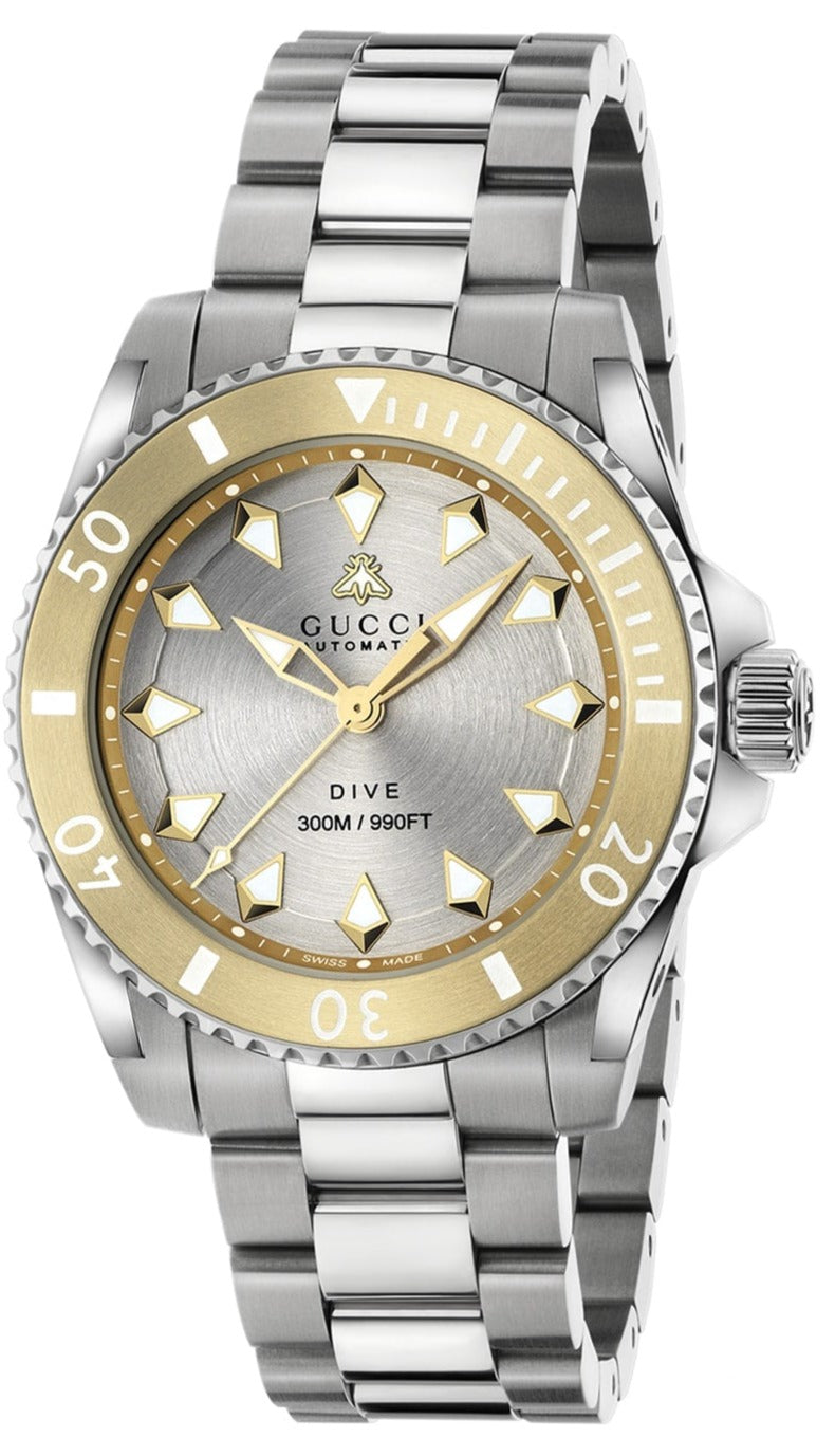 Gucci Dive Automatic 18K Gold Silver Dial Silver Steel Strap Watch for