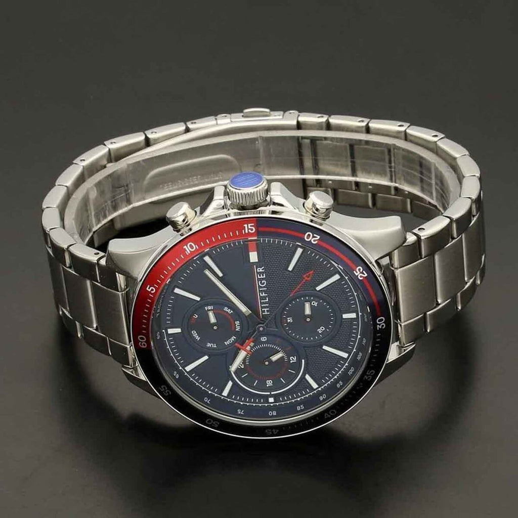 Tommy Hilfiger Bank Chronograph Blue Dial Silver Steel Strap Watch for Men - 1791718