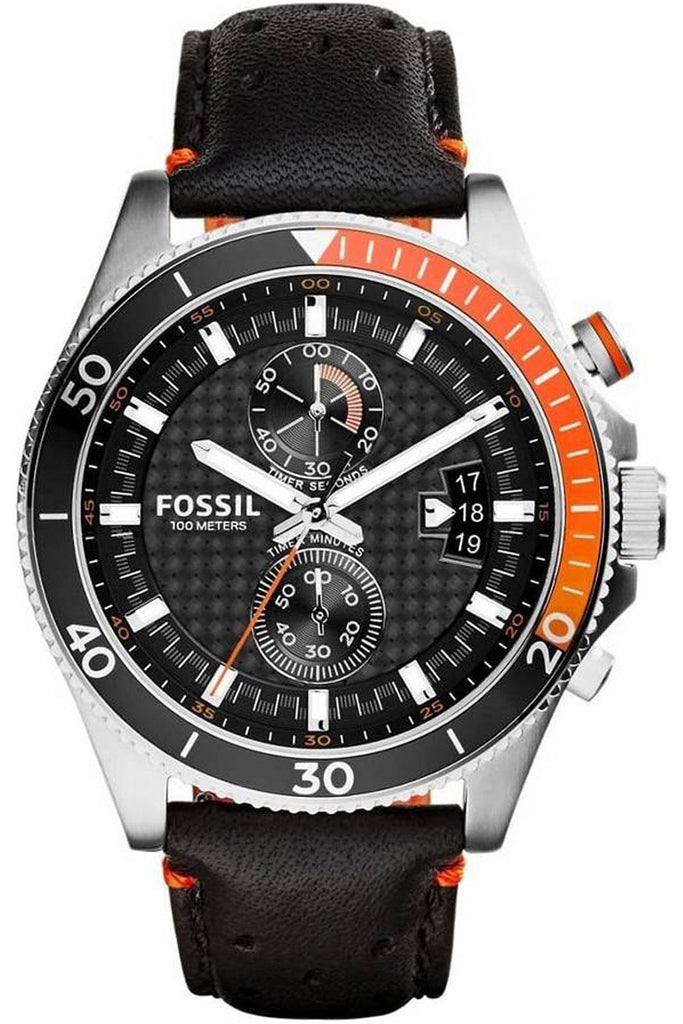 Fossil Wakefield Chronograph Black Dial Black Leather Strap Watch for