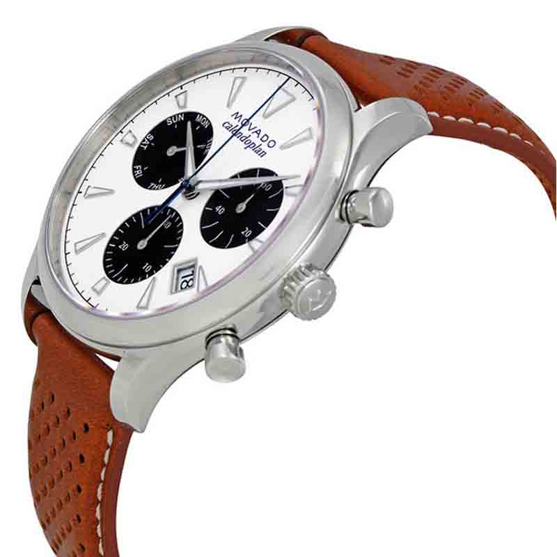 Movado Heritage Calendoplan Chronograph White Dial Brown Leather Strap Watch for Men - 3650008