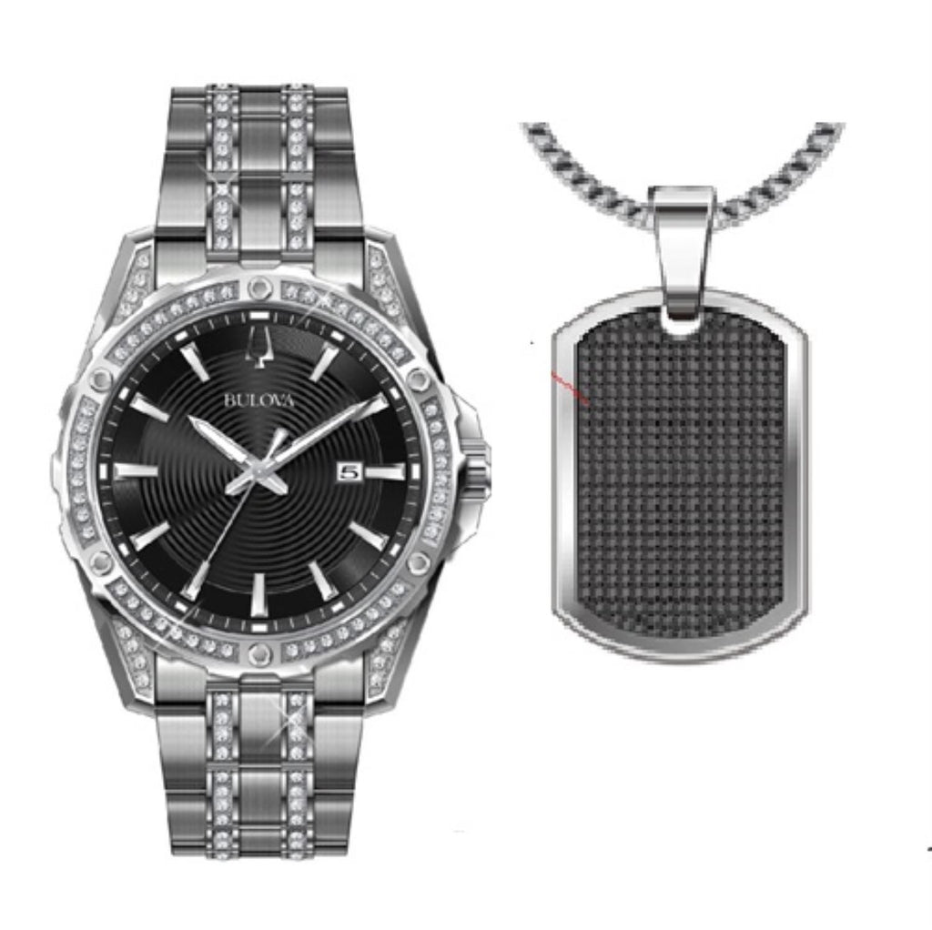 Bulova Crystal Collection Black Dial Silver Steel Strap Watch for Men - 96K104