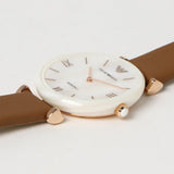 Emporio Armani Gianni T Bar Quartz Mother of Pearl White Dial Brown Leather Strap Watch For Women - AR11040