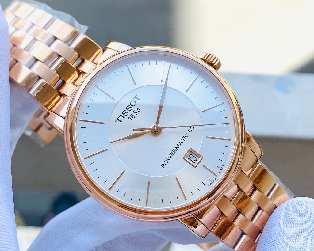 Tissot T Classic Carson Premium Automatic White Dial Rose Gold Steel Strap Watch for Men - T122.407.33.031.00