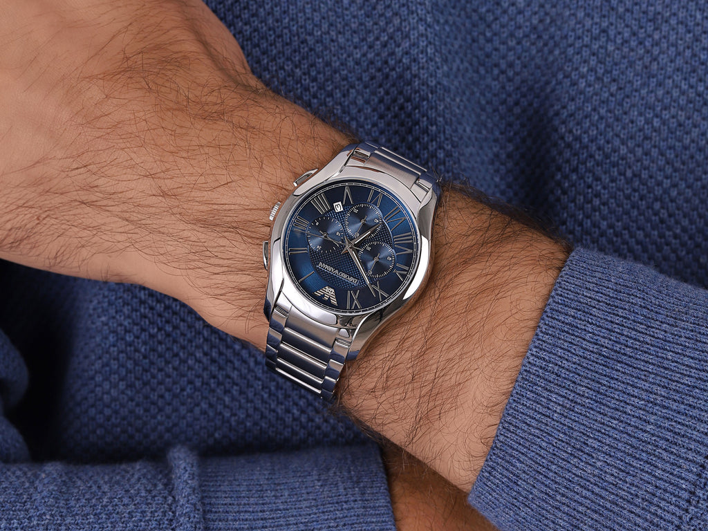 Emporio Armani Chronograph Quartz Blue Dial Silver Steel Strap Watch For Men - AR11082