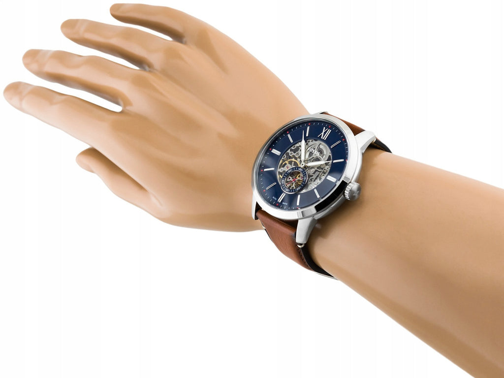Fossil Townsman Automatic Skeleton Blue Dial Brown Leather Strap Watch for Men - ME3154