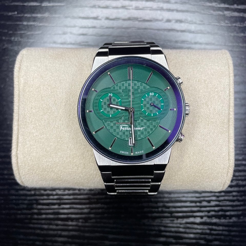 Salvatore Ferragamo Sapphire Chrono Green Dial Silver Steel Strap Watch for Men - SFME00421