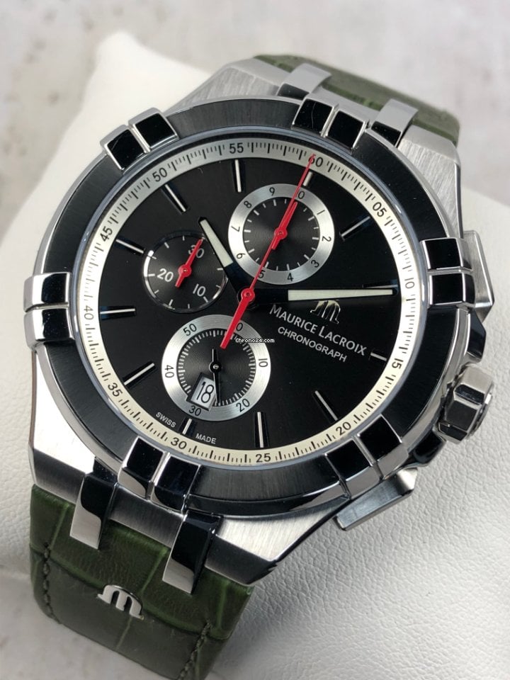Maurice Lacroix Aikon Chronograph Black Dial Green Leather Strap Watch for Men - AI1018-PVB21-330-1