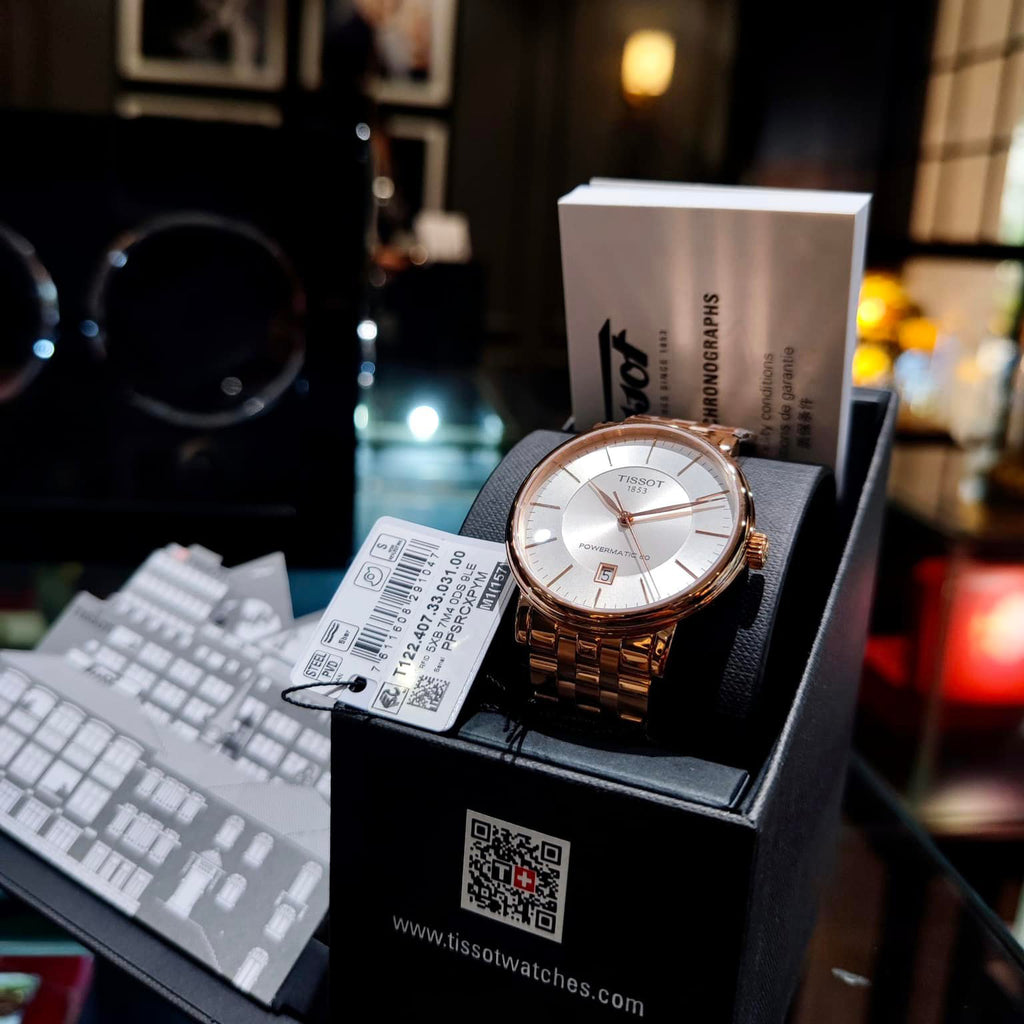 Tissot T Classic Carson Premium Automatic White Dial Rose Gold Steel Strap Watch for Men - T122.407.33.031.00