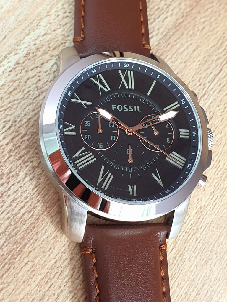 Fossil Grant Chronograph Black Dial Brown Leather Strap Watch for Men - FS4813