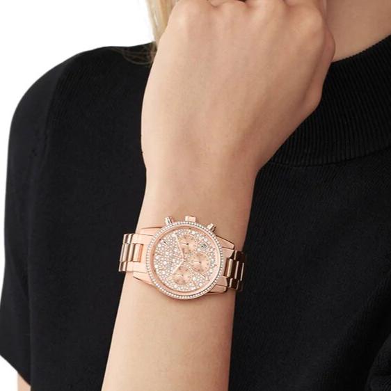 Michael Kors Ritz Chronograph Rose Gold Dial Rose Gold Steel Strap Watch For Women - MK7302