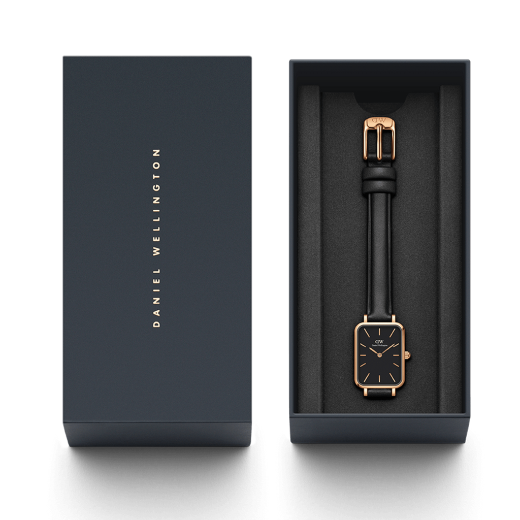 Daniel Wellington Quadro Black Dial Black Leather Strap Watch For Women  - DW00100449