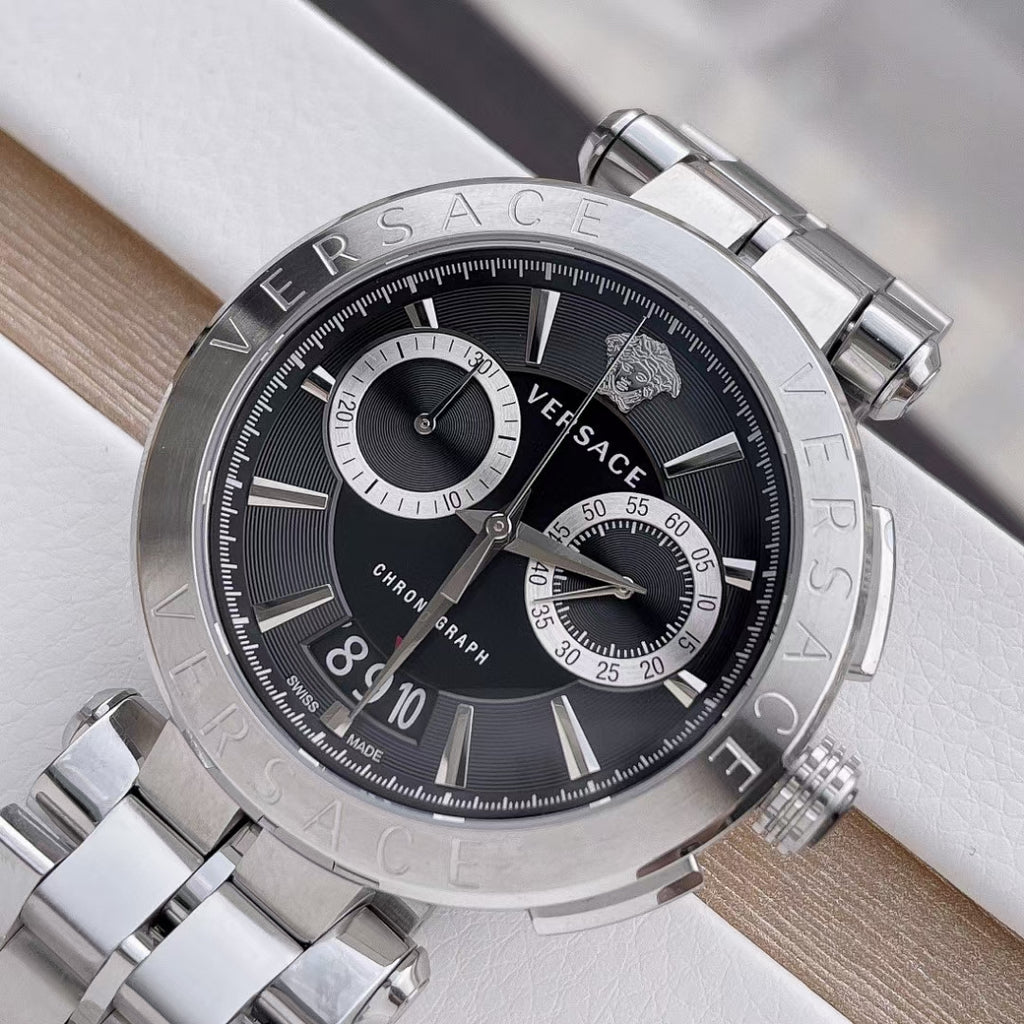 Versace Aion Chronograph Black Dial Silver Steel Strap Watch for Men - VBR080017