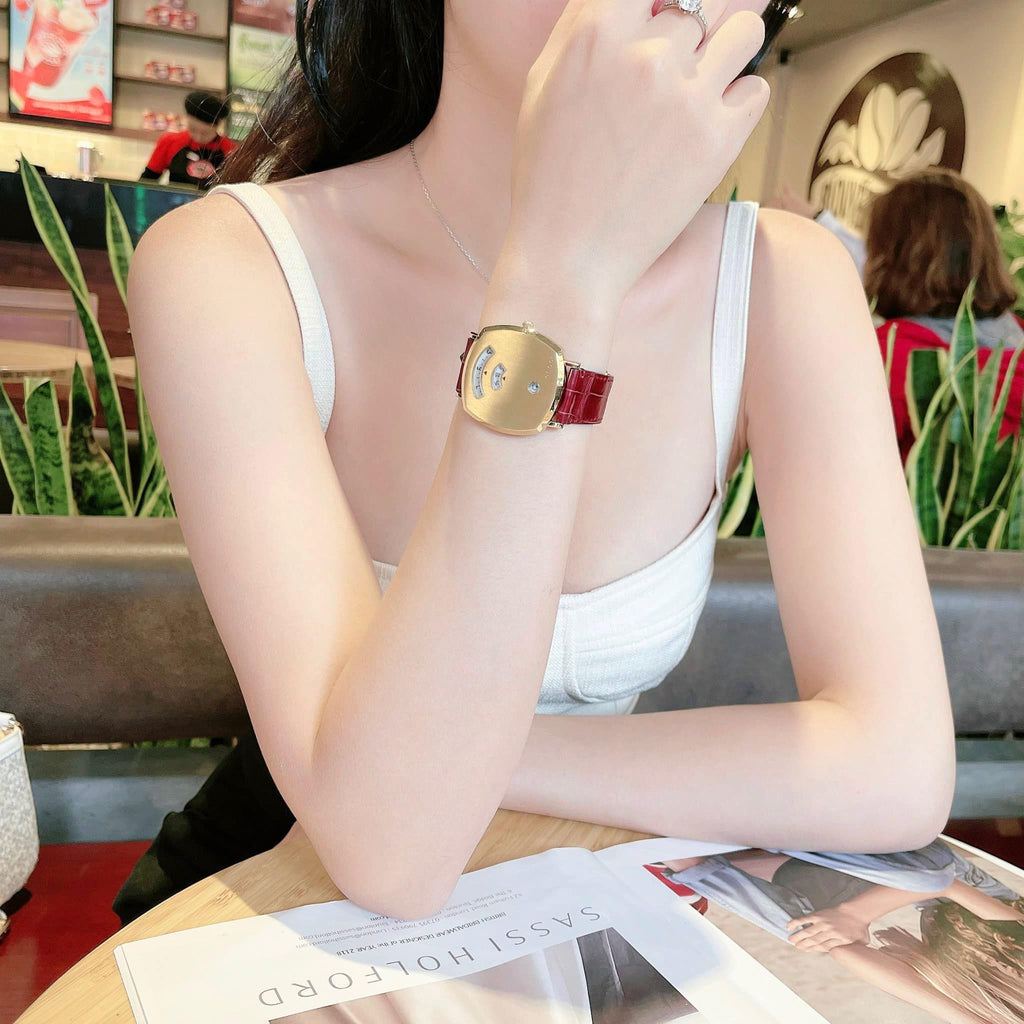 Gucci Grip Quartz Gold Dial Maroon Leather Strap Watch For Women - YA157413