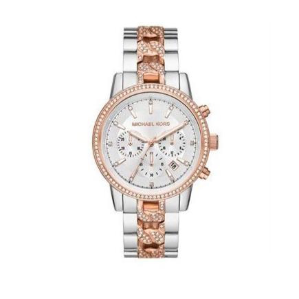 Michael Kors Ritz Chronograph Silver Dial Two Tone Steel Strap Watch For Women - MK6938
