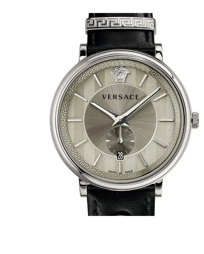 Versace V-Circle Black Manifesto Courage Quartz Silver Dial Black Leather Strap Watch for Men - VBQ080017