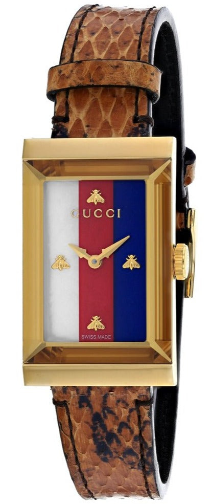 Gucci G-Frame Mother of Pearl Dial Brown Leather Snakeskin Strap Watch