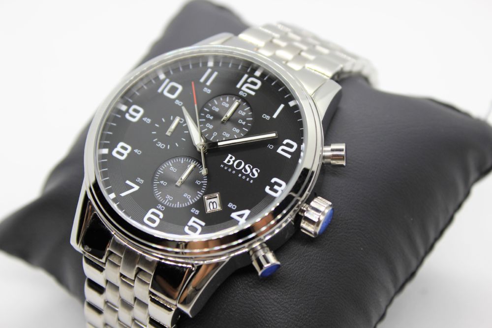 Hugo Boss Aeroliner Chronograph Quartz Black Dial Silver Steel Strap Watch For Men - HB1512446