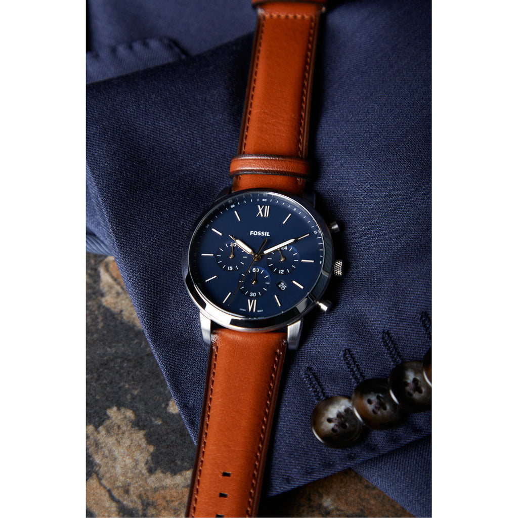 Fossil Neutra Chronograph Blue Dial Brown Leather Strap Watch for Men - FS5453