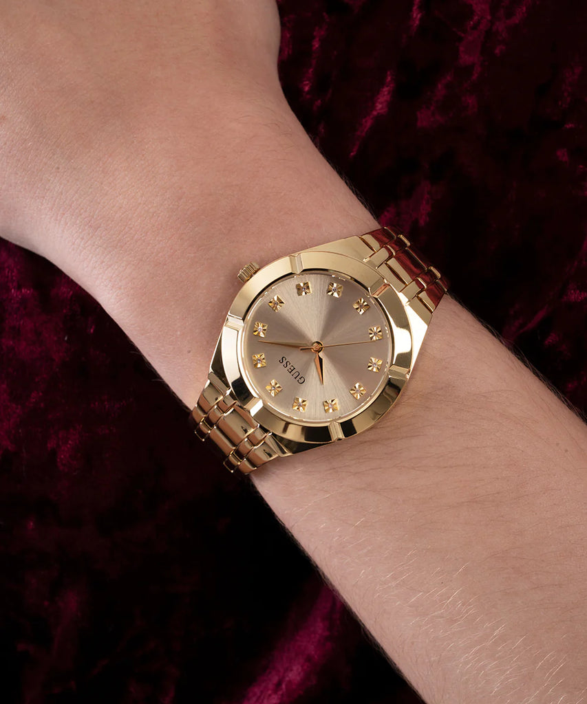 Guess Crystalline Diamonds Gold Dial Gold Steel Strap Watch for Women - GW0114L2