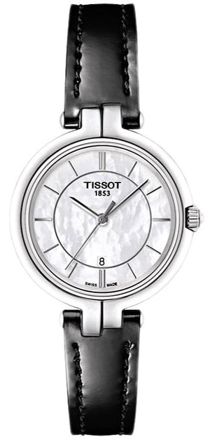 Tissot T Lady Flamingo Mother of Pearl White Dial Black Leather Strap Watch for Women - T094.210.16.111.00