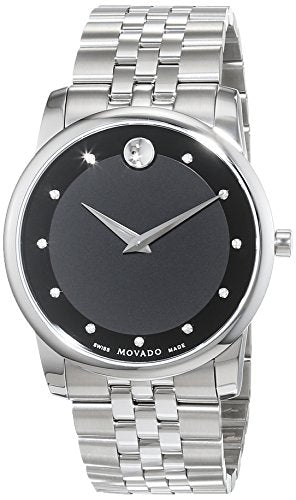 Movado Museum Diamonds Black Dial Silver Steel Strap Watch For Men - 606878
