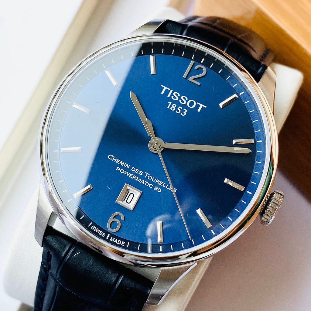 Tissot Chemin Des Tourelles Powermatic 80 Blue Dial Blue Leather Strap Watch for Men - T099.407.16.047.00